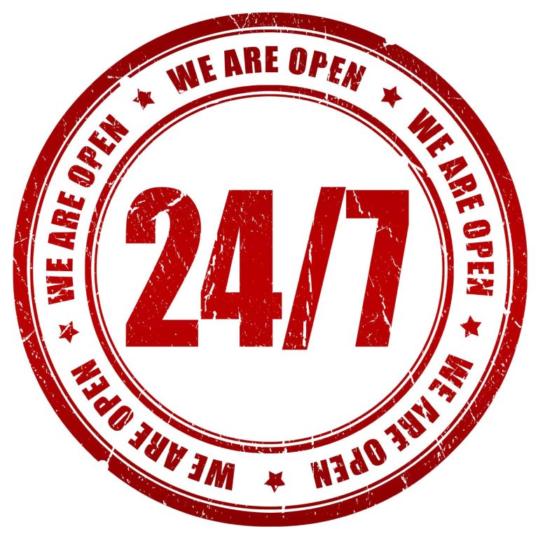 Roter Stempel mit der Aufschrift "24/7 WE ARE OPEN".