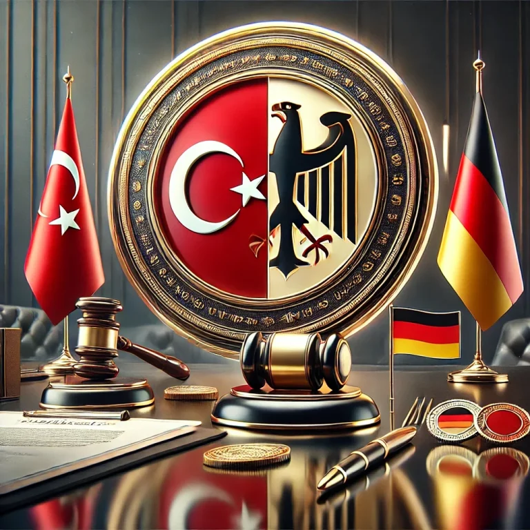 Türkische und deutsche Flaggen mit Wappen in einem offiziellen Hintergrund.