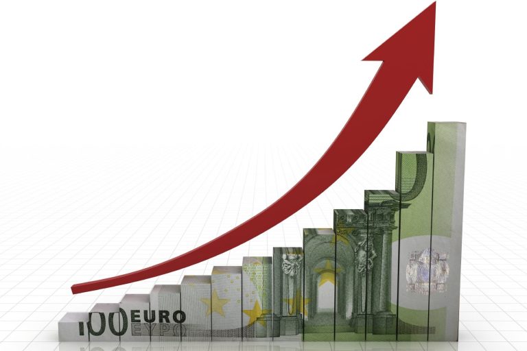 Grafik mit aufsteigendem Diagramm und Euro-Symbolen, das Wachstum darstellt.